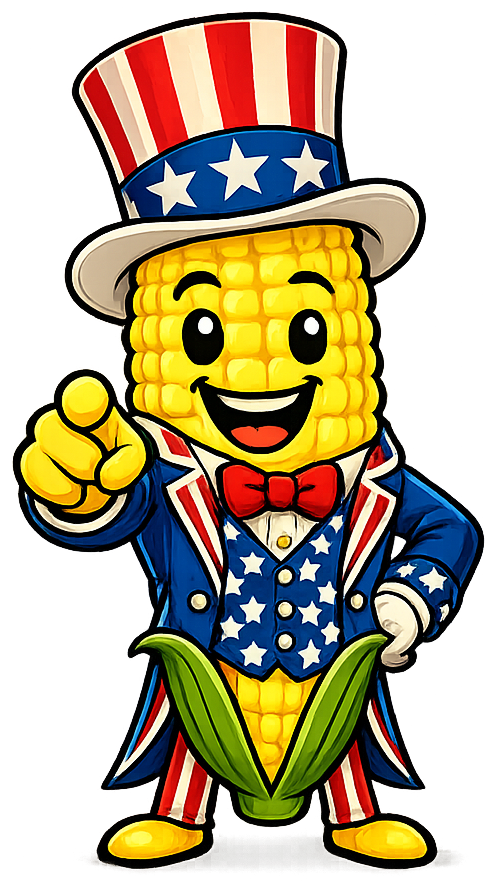 Corny, a corn-cob mascot dressed as patriotic Uncle Sam in a red-white-and-blue suit and star-spangled top hat, smiling and pointing